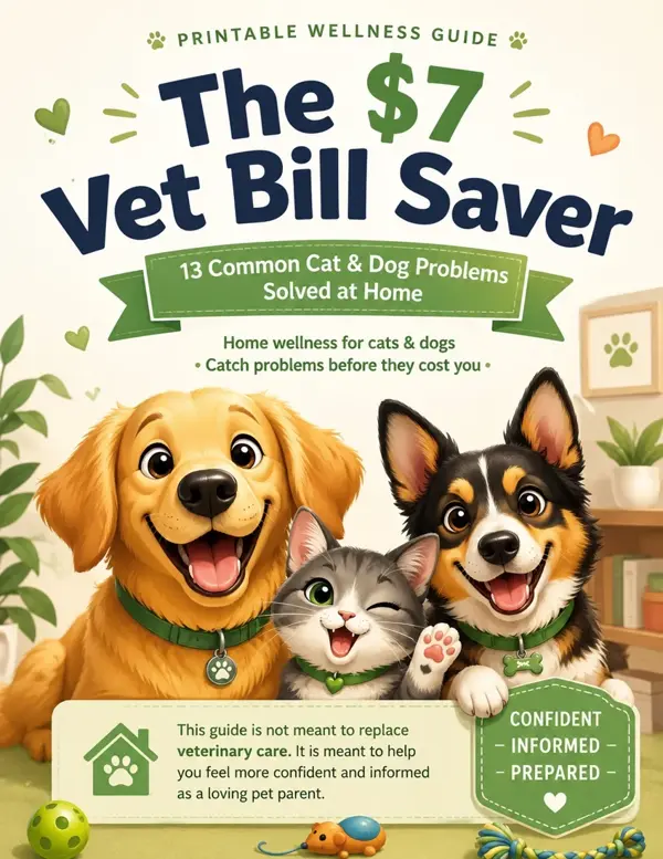The $7 Vet Bill Saver printable wellness guide cover featuring two dogs and a cat